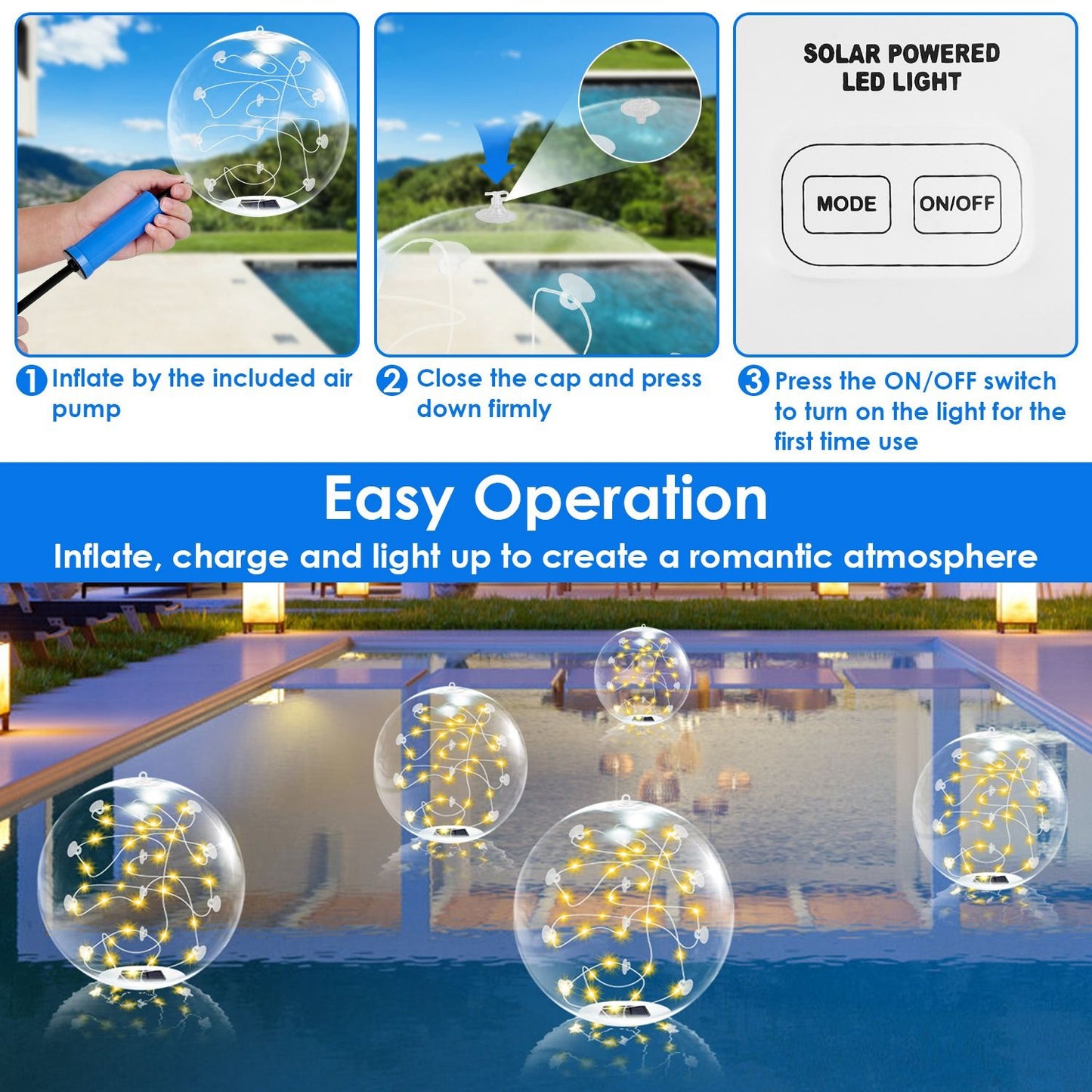2-Pack Solar Floating Pool Lights - IP68 Waterproof LED Glow Balls