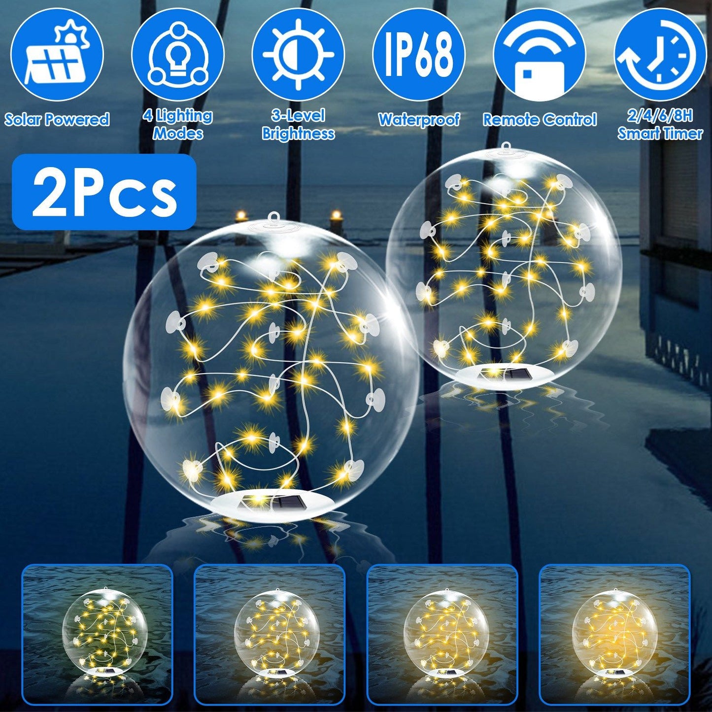 2-Pack Solar Floating Pool Lights - IP68 Waterproof LED Glow Balls
