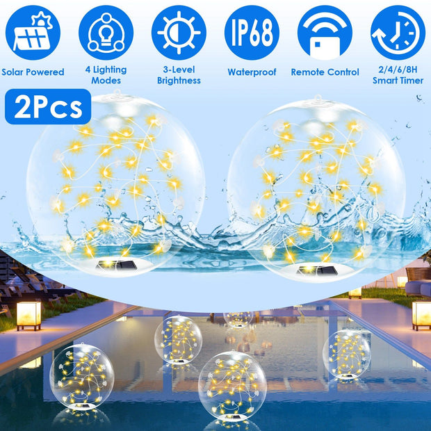 2-Pack Solar Floating Pool Lights - IP68 Waterproof LED Glow Balls
