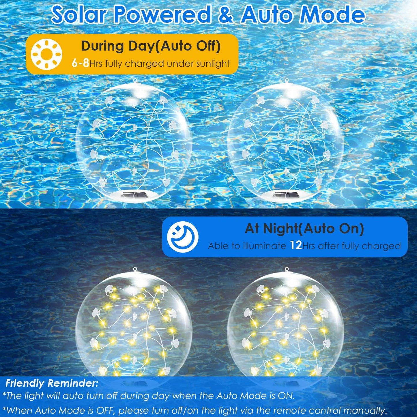 2-Pack Solar Floating Pool Lights - IP68 Waterproof LED Glow Balls