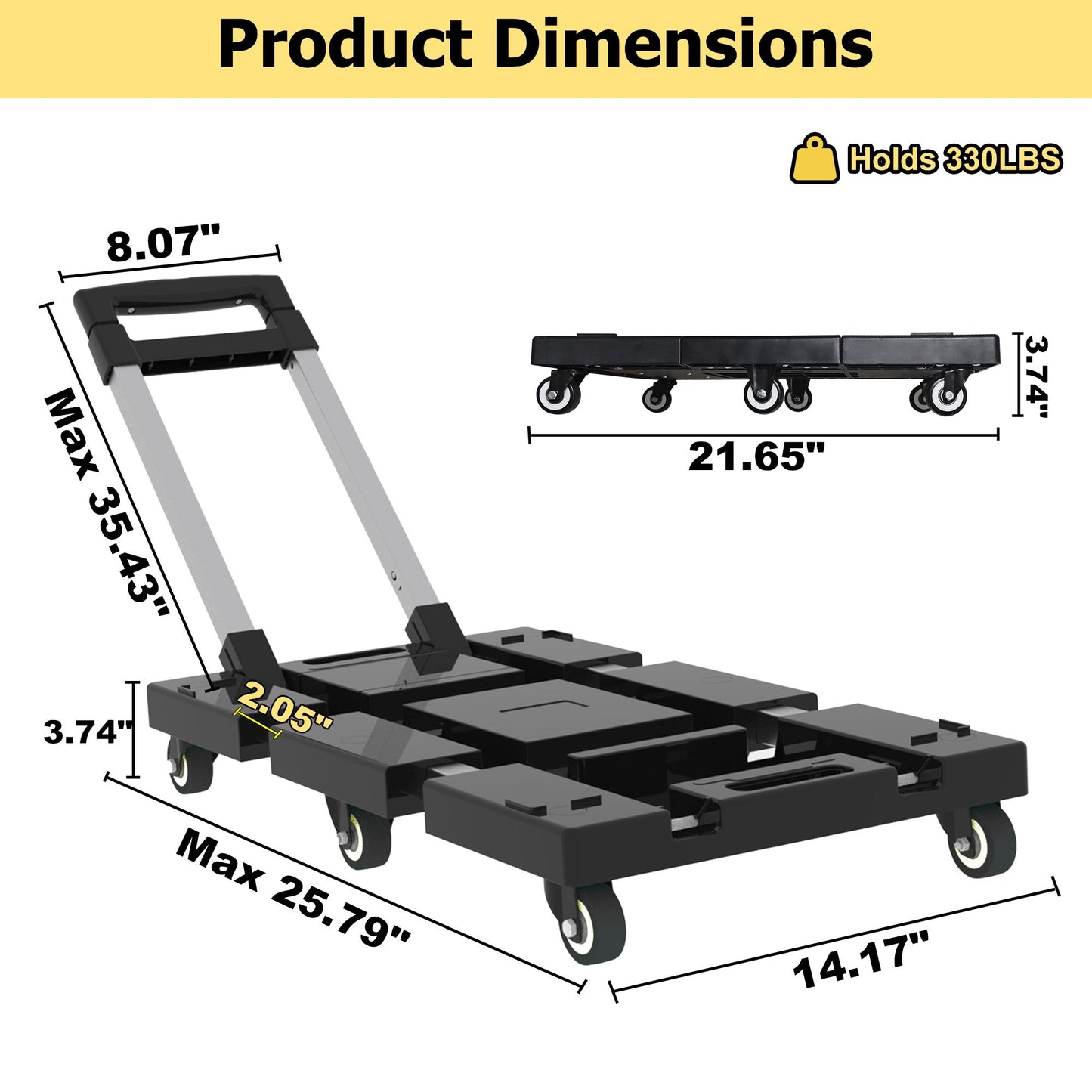 Folding Hand Truck 330lbs – Heavy Duty 6-Wheel Collapsible Dolly Cart