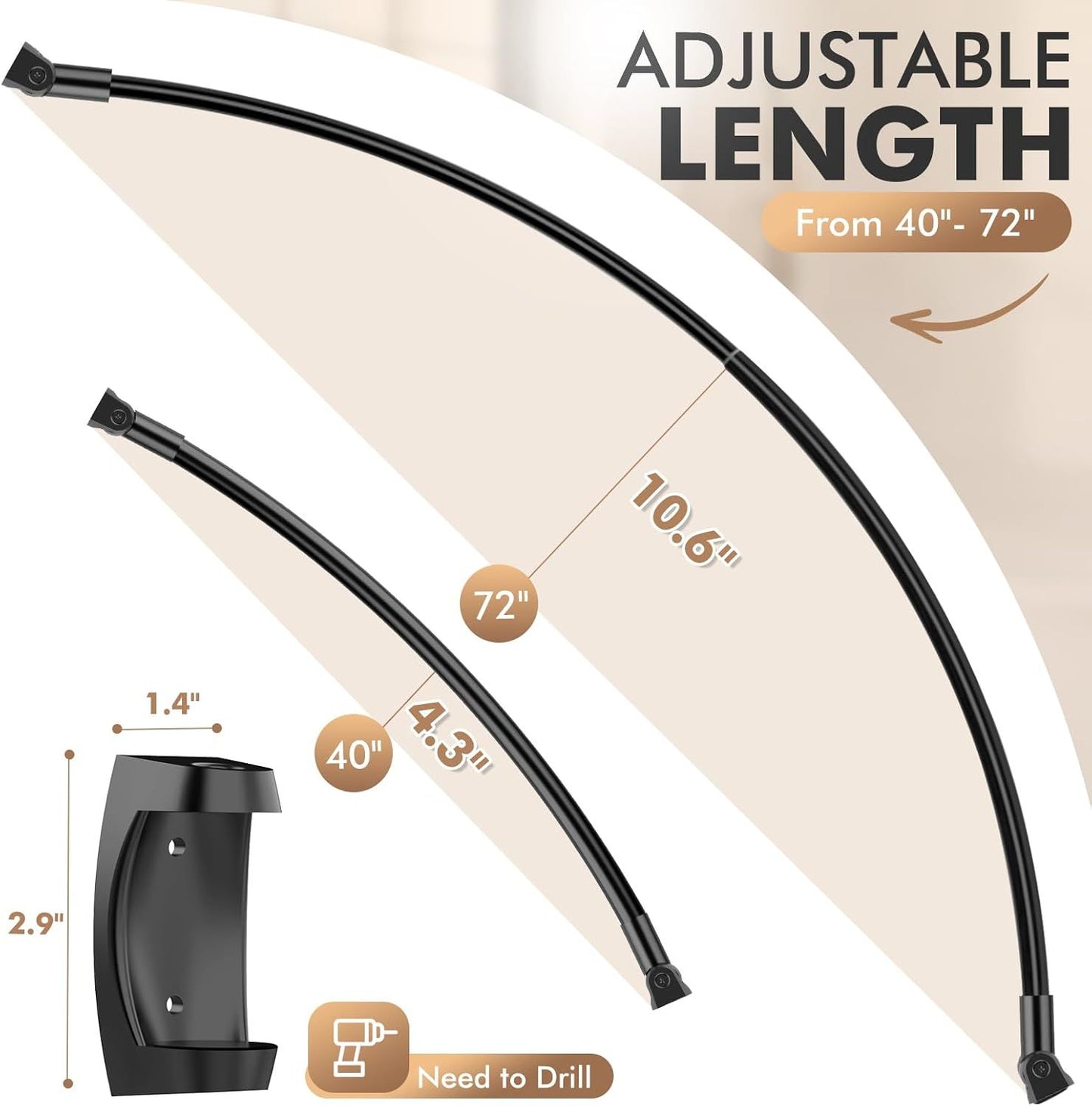 Curved Shower Curtain Rod for Bathroom, 40-72 Inches Adjustable Curved Shower Rod, 0.9MM Aluminum Shower Curtain Rod with Rotating Brackets for Extra Shower Space, Need to Drill, Black