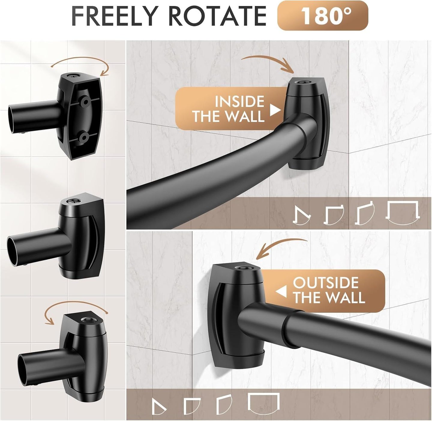 Curved Shower Curtain Rod for Bathroom, 40-72 Inches Adjustable Curved Shower Rod, 0.9MM Aluminum Shower Curtain Rod with Rotating Brackets for Extra Shower Space, Need to Drill, Black