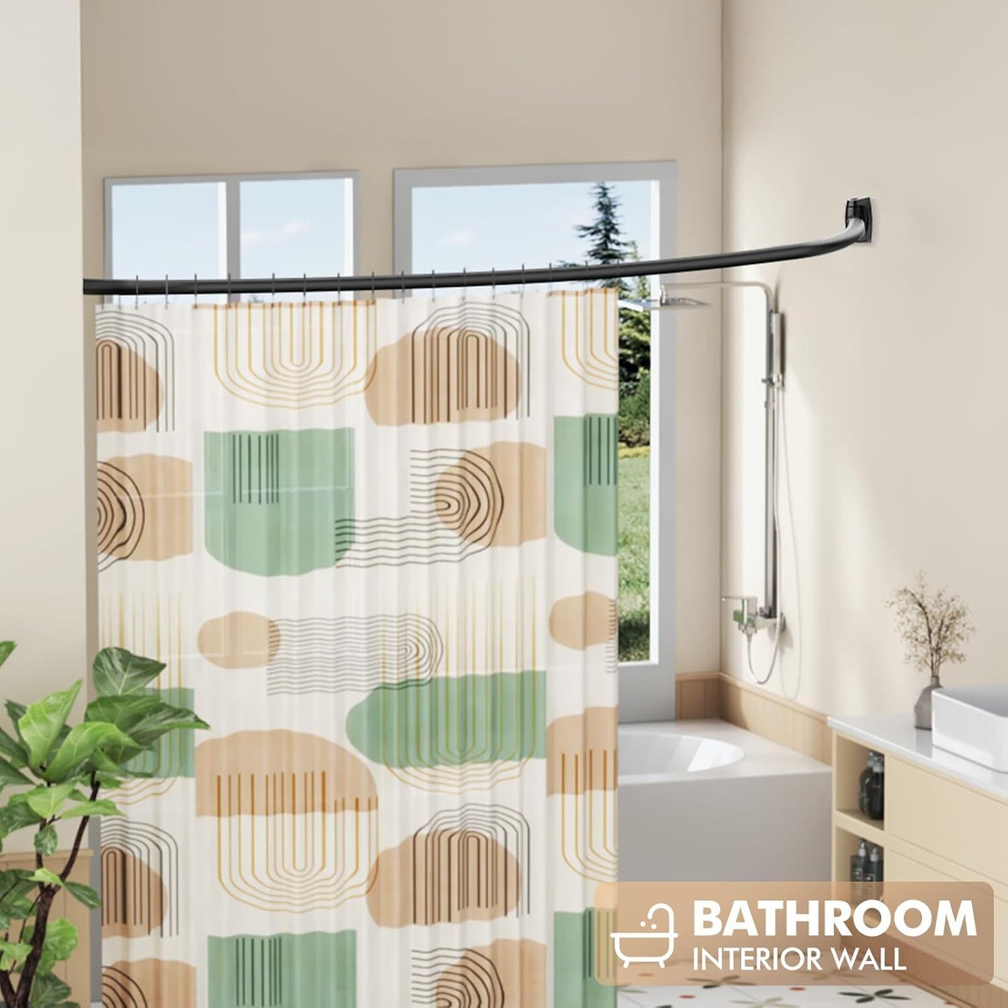 Curved Shower Curtain Rod for Bathroom, 40-72 Inches Adjustable Curved Shower Rod, 0.9MM Aluminum Shower Curtain Rod with Rotating Brackets for Extra Shower Space, Need to Drill, Black