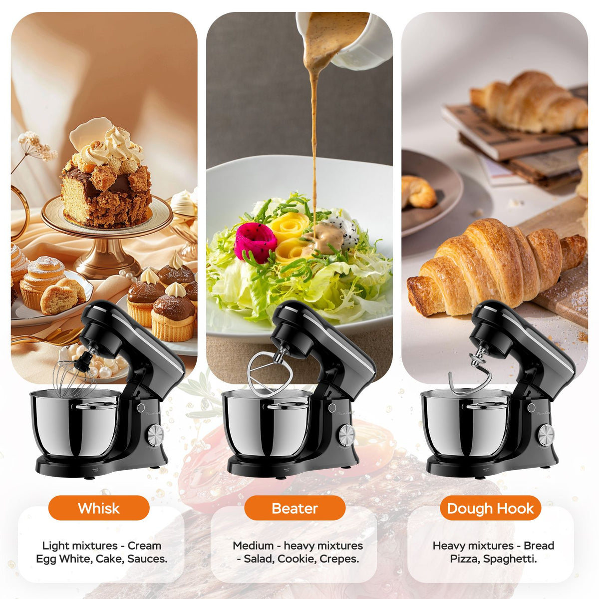 Electric Stand Mixer 5L, Planetary Food Mixer with Dough Hook, Beater & Whisk – Black