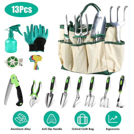 13pc Heavy Duty Aluminum Garden Tool Set with Ergonomic Handles & Storage Bag