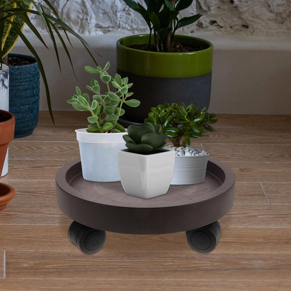 8-Pack Rolling Plant Caddy with Wheels – Heavy Duty 12.2" Plant Stand, Brown