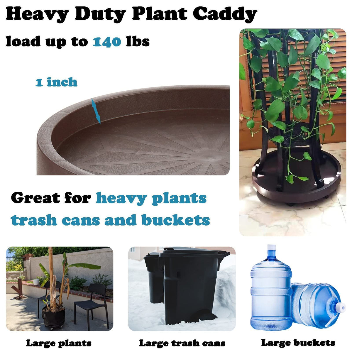 8-Pack Rolling Plant Caddy with Wheels – Heavy Duty 12.2" Plant Stand, Brown