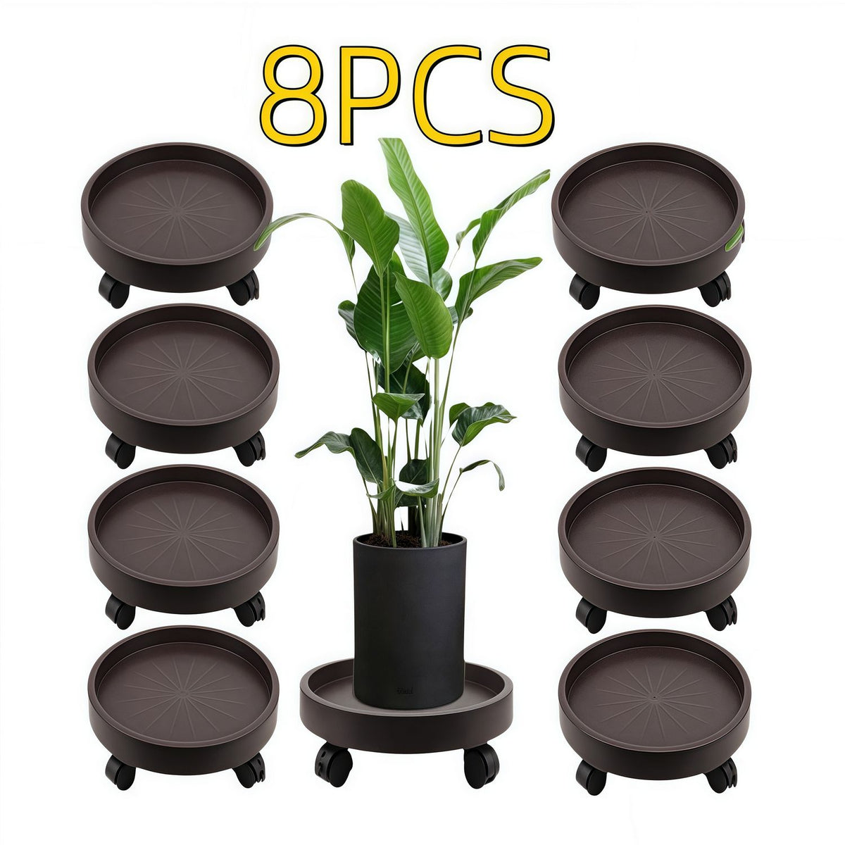 8-Pack Rolling Plant Caddy with Wheels – Heavy Duty 12.2" Plant Stand, Brown