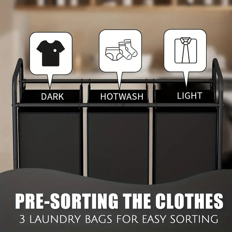 3-Bag Rolling Laundry Sorter Hamper, 63.4-Gallon Heavy-Duty Laundry Cart with Removable Bags & Lockable Wheels, Durable Fabric Laundry Organizer for Bedroom & Laundry Room