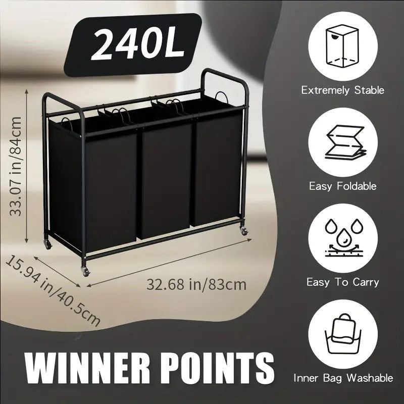 3-Bag Rolling Laundry Sorter Hamper, 63.4-Gallon Heavy-Duty Laundry Cart with Removable Bags & Lockable Wheels, Durable Fabric Laundry Organizer for Bedroom & Laundry Room