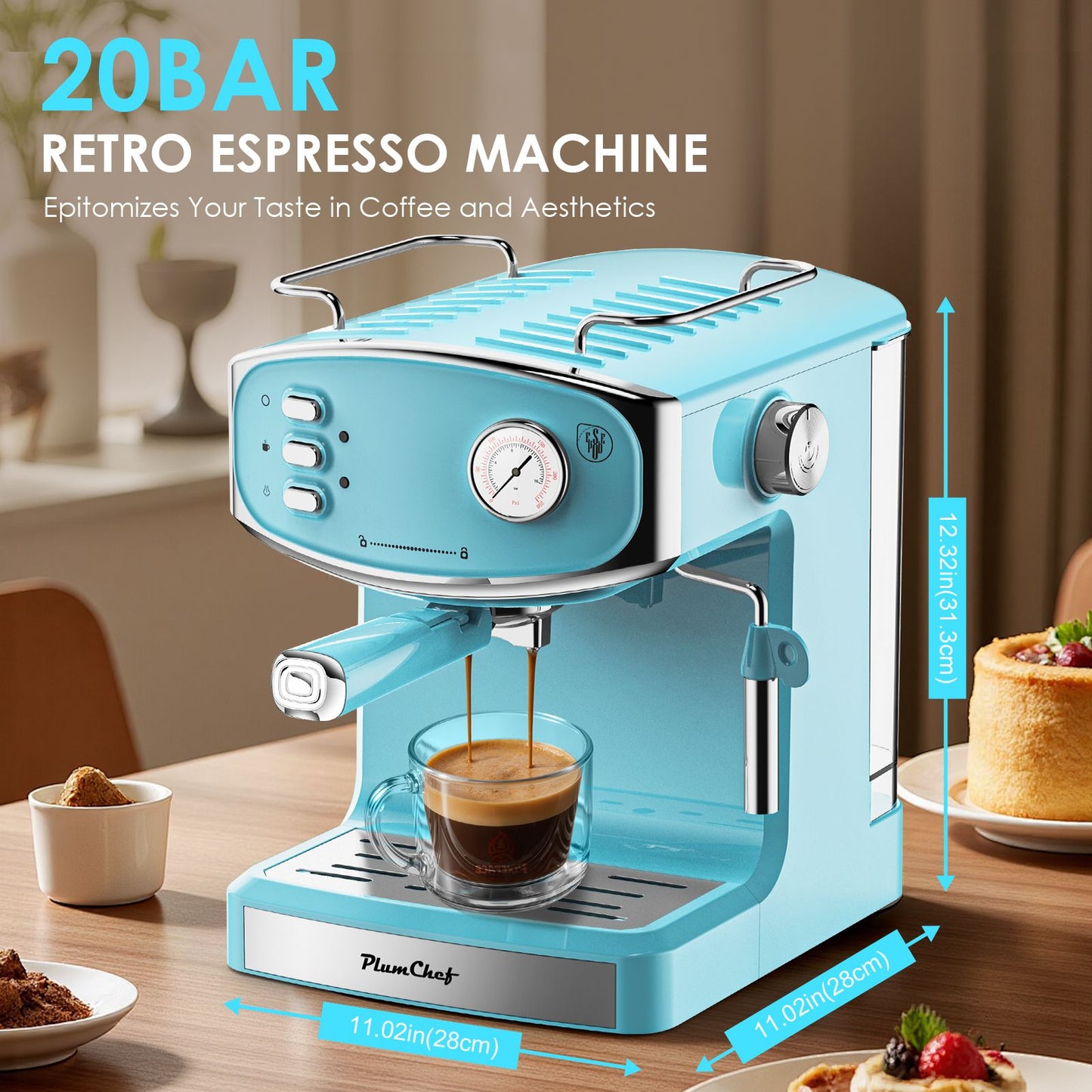20 Bar Espresso Machine for home- Professional Compact Espresso Maker with Milk Frother Steam Wand, Pressure Gauge & 54oz Large Water Tank, Low Noise Fast Brewing for Cappuccino, Latte