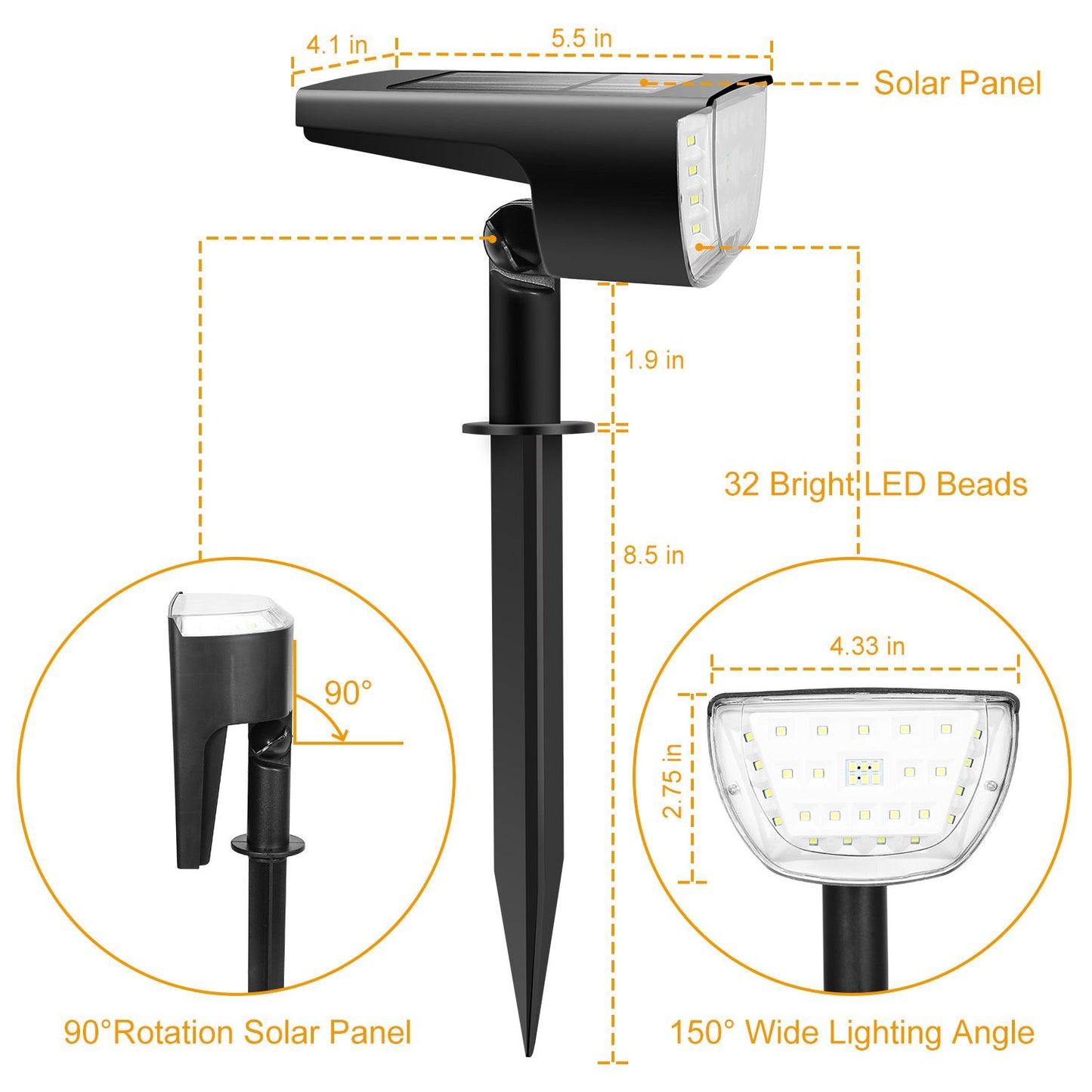 32 LED 800LM Solar Landscape Spotlights, 150° Wide Beam Solar Garden Lights with 3 Brightness Modes, IP65 Waterproof Auto On/Off Solar Path Lights for Yard Patio