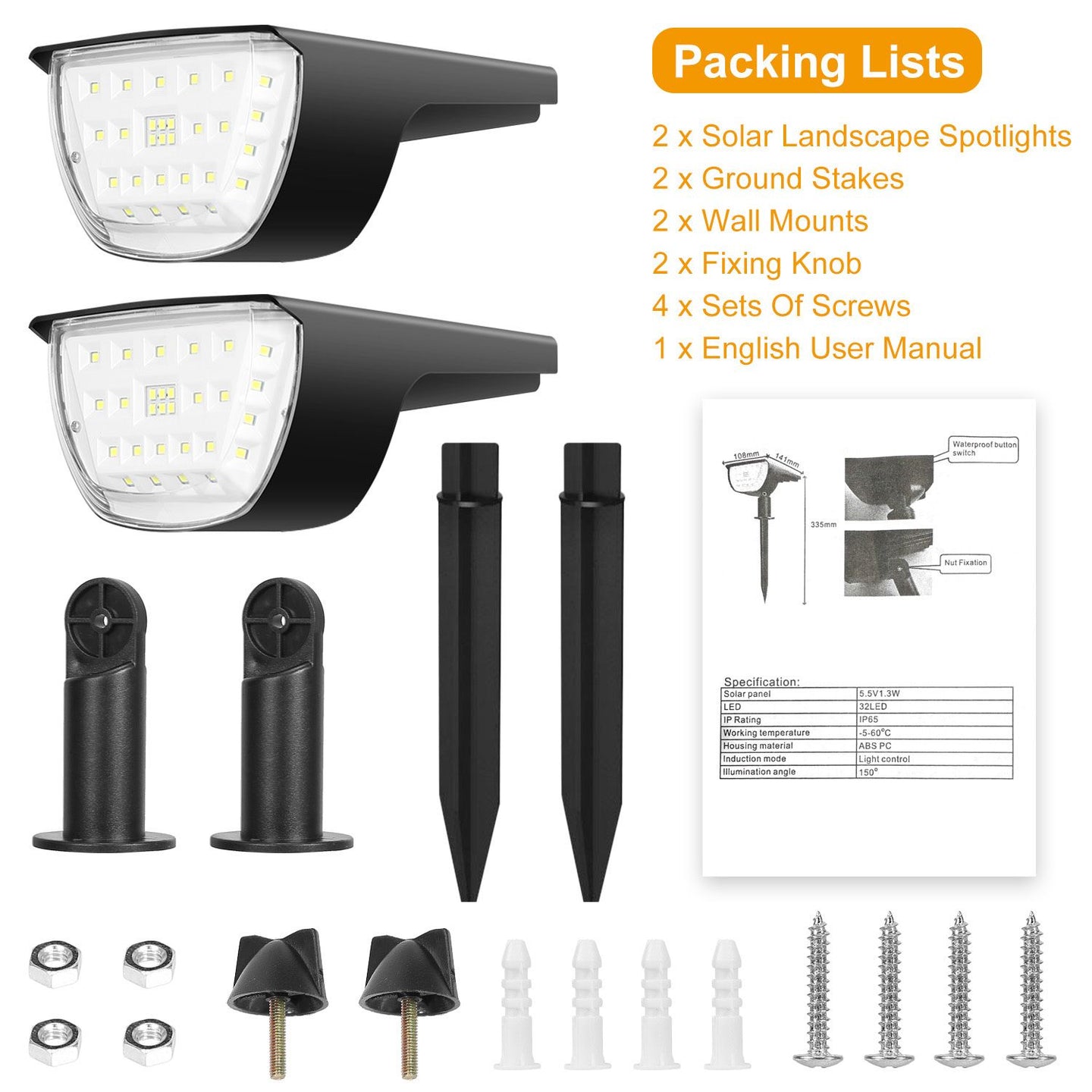 32 LED 800LM Solar Landscape Spotlights, 150° Wide Beam Solar Garden Lights with 3 Brightness Modes, IP65 Waterproof Auto On/Off Solar Path Lights for Yard Patio