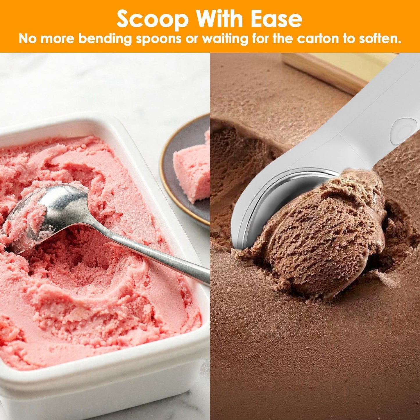 45 Seconds Fast Warm Electric Ice Cream Scoop, Self-Heating Rechargeable Ice Cream Spoon Non-Stick Smooth Round Scoops, IP66 Waterproof Ergonomic Handle for Hard Frozen Desserts