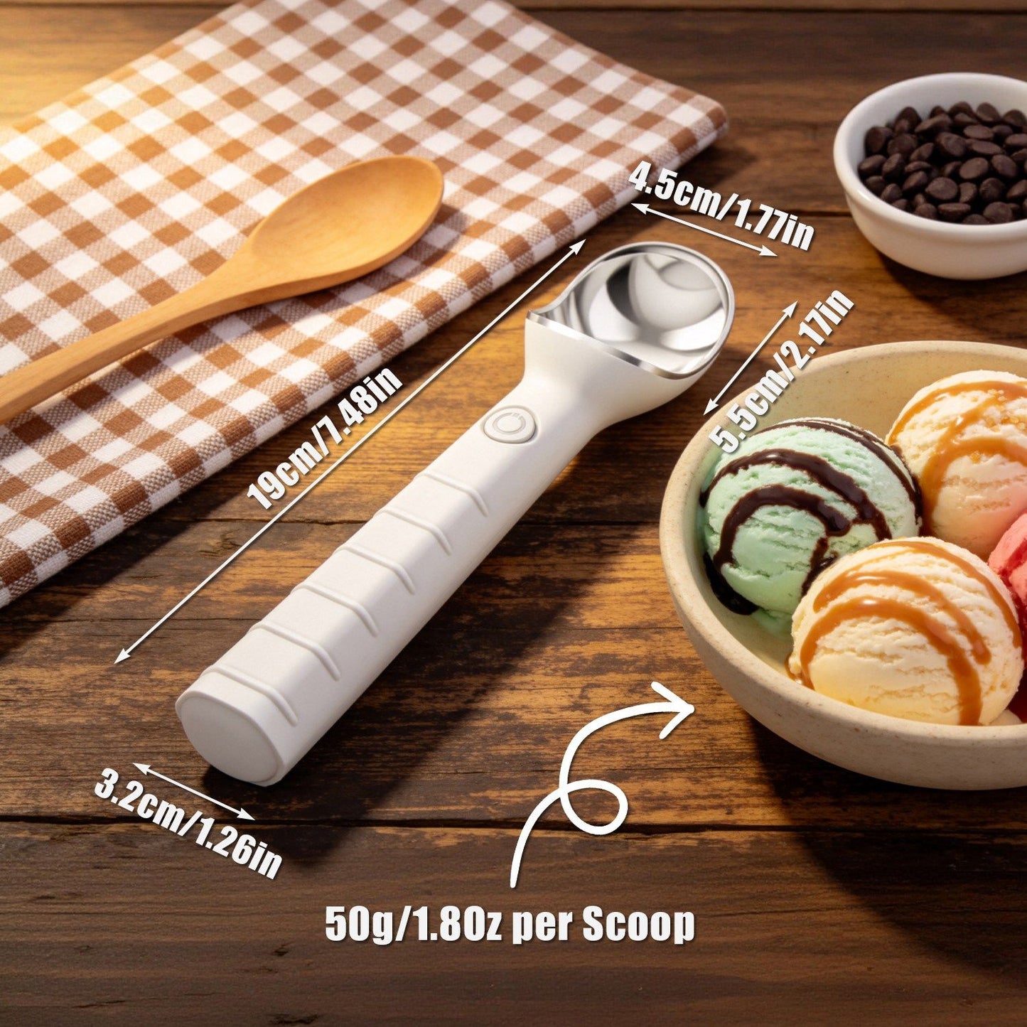 45 Seconds Fast Warm Electric Ice Cream Scoop, Self-Heating Rechargeable Ice Cream Spoon Non-Stick Smooth Round Scoops, IP66 Waterproof Ergonomic Handle for Hard Frozen Desserts