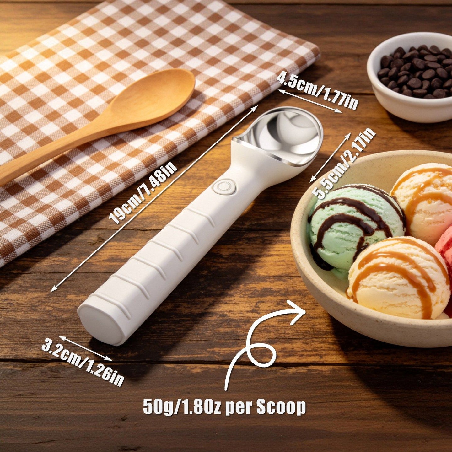 45 Seconds Fast Warm Electric Ice Cream Scoop, Self-Heating Rechargeable Ice Cream Spoon Non-Stick Smooth Round Scoops, IP66 Waterproof Ergonomic Handle for Hard Frozen Desserts