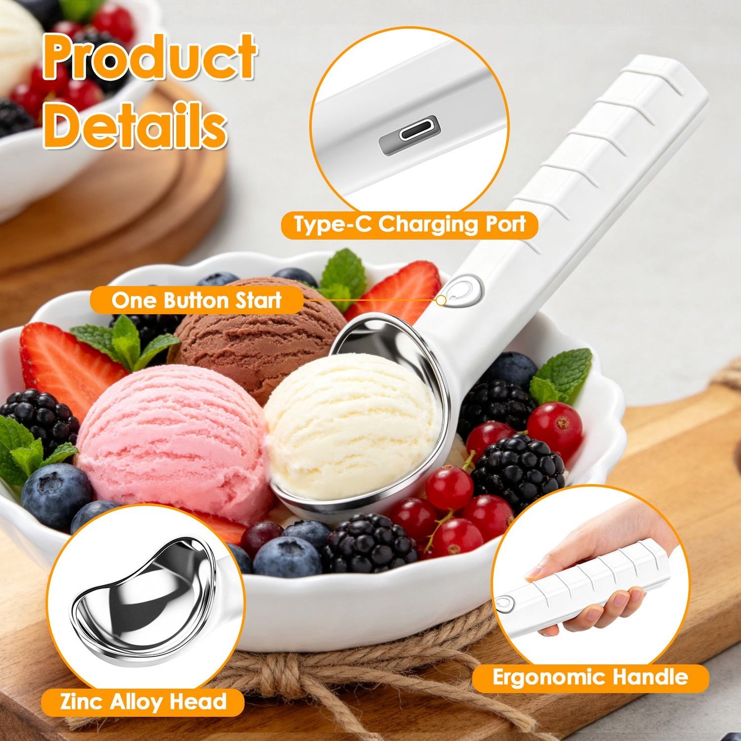 45 Seconds Fast Warm Electric Ice Cream Scoop, Self-Heating Rechargeable Ice Cream Spoon Non-Stick Smooth Round Scoops, IP66 Waterproof Ergonomic Handle for Hard Frozen Desserts