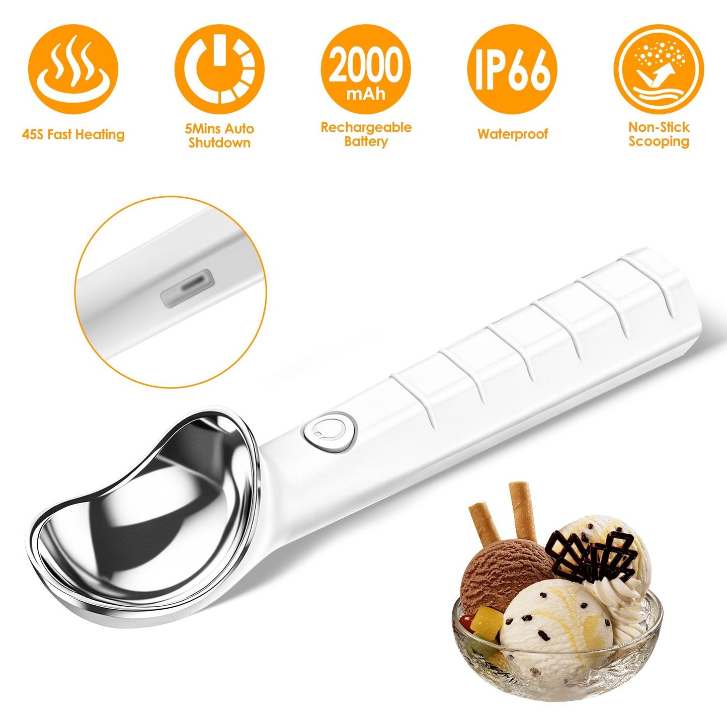 45 Seconds Fast Warm Electric Ice Cream Scoop, Self-Heating Rechargeable Ice Cream Spoon Non-Stick Smooth Round Scoops, IP66 Waterproof Ergonomic Handle for Hard Frozen Desserts