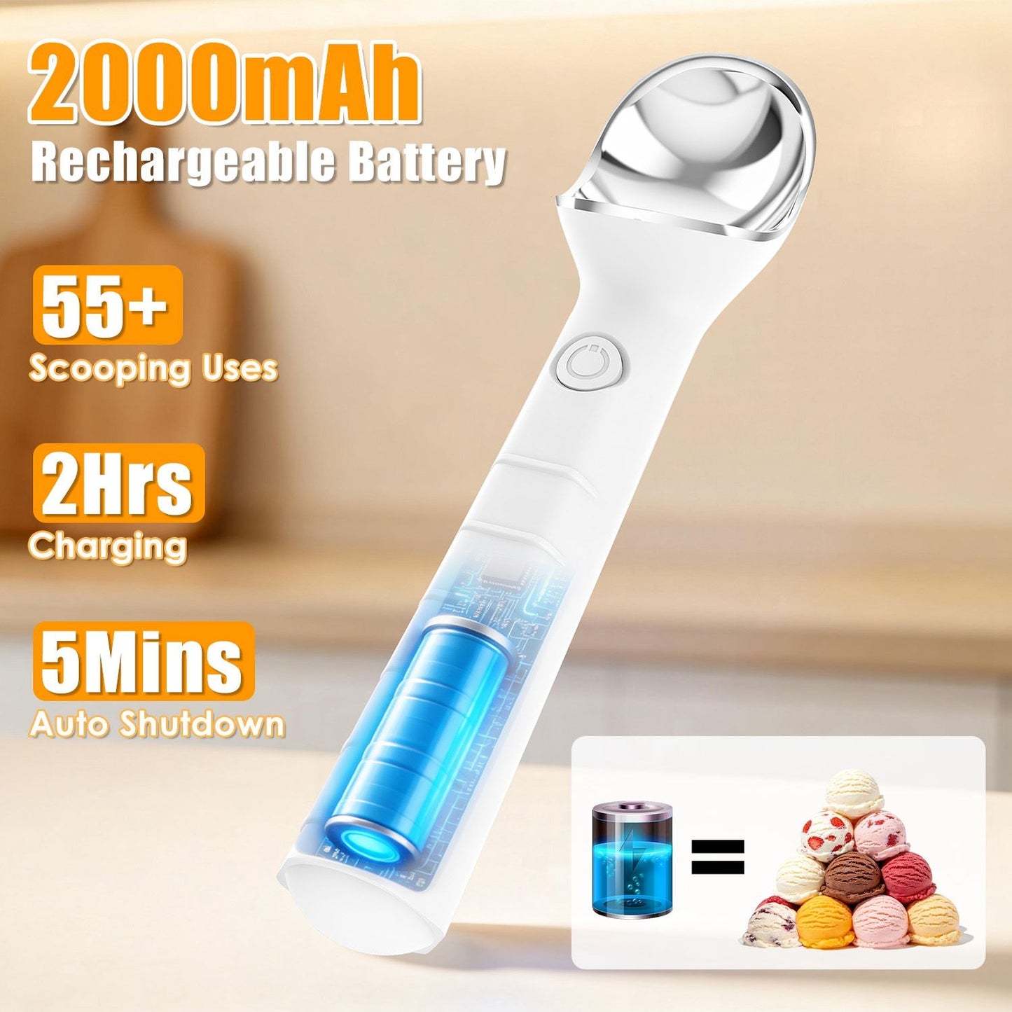 45 Seconds Fast Warm Electric Ice Cream Scoop, Self-Heating Rechargeable Ice Cream Spoon Non-Stick Smooth Round Scoops, IP66 Waterproof Ergonomic Handle for Hard Frozen Desserts