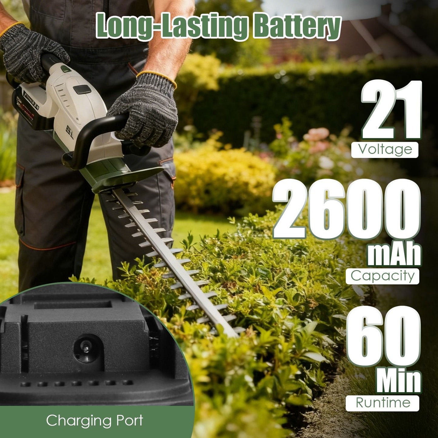 Cordless Hedge Trimmer, 0.6 in Cutting Capacity, Adjustable Handle, Rechargeable 2600mAh