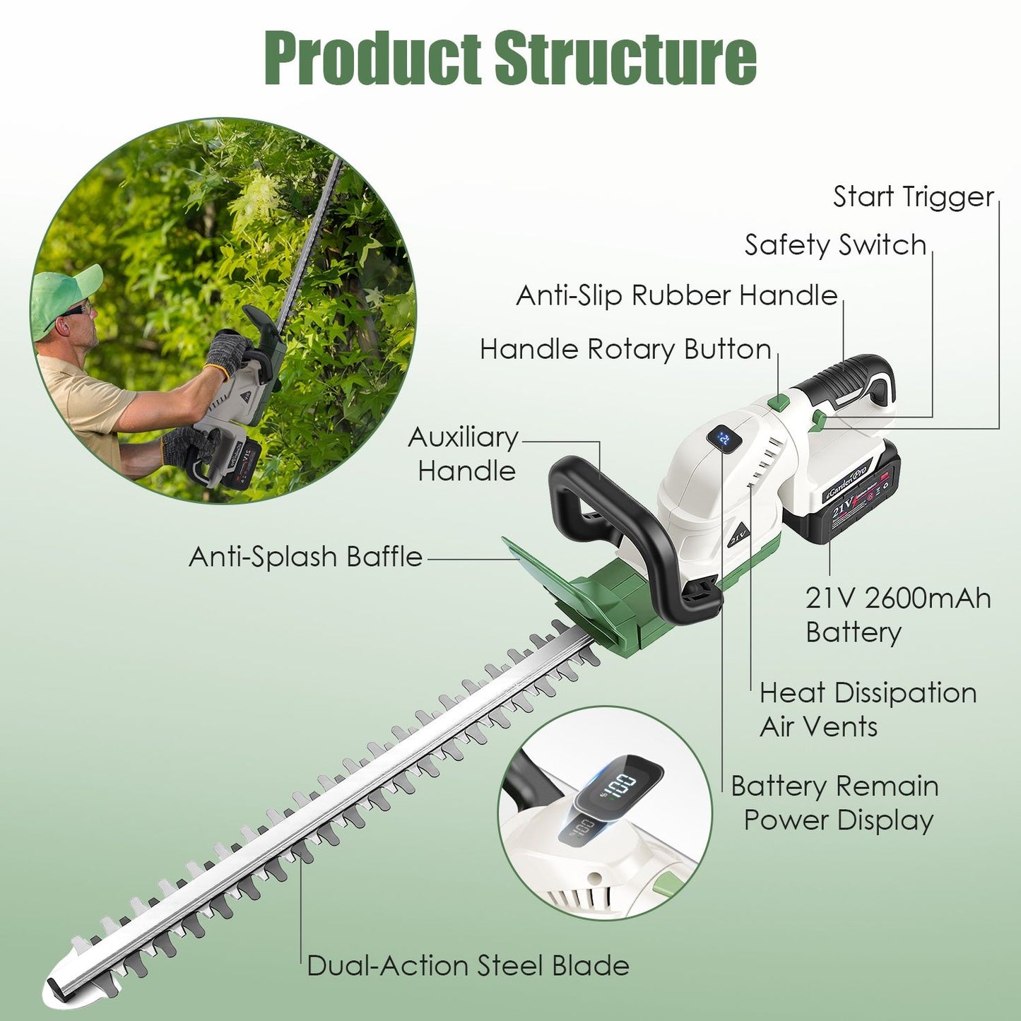 Cordless Hedge Trimmer, 0.6 in Cutting Capacity, Adjustable Handle, Rechargeable 2600mAh