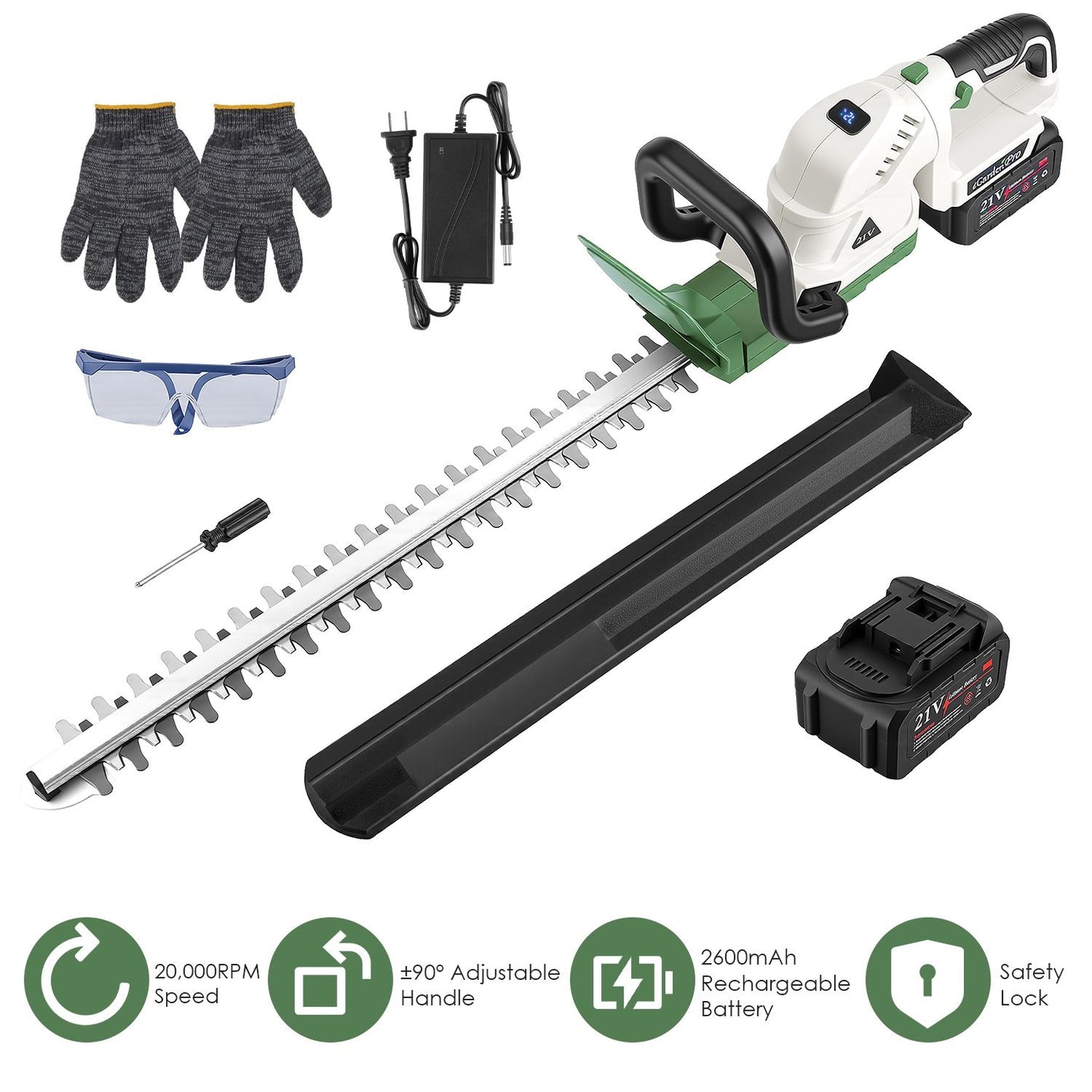 Cordless Hedge Trimmer, 0.6 in Cutting Capacity, Adjustable Handle, Rechargeable 2600mAh