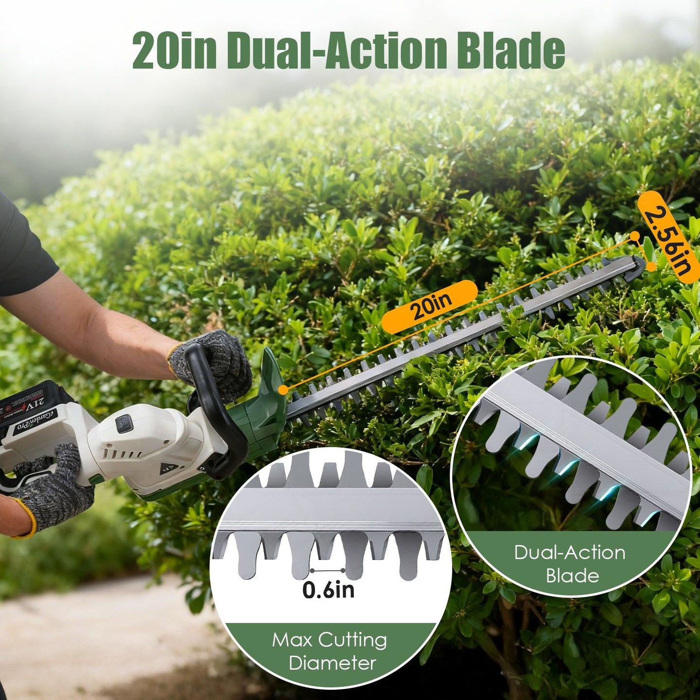 Cordless Hedge Trimmer, 0.6 in Cutting Capacity, Adjustable Handle, Rechargeable 2600mAh