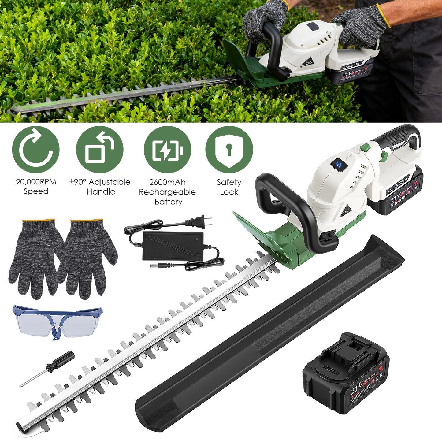 Cordless Hedge Trimmer, 0.6 in Cutting Capacity, Adjustable Handle, Rechargeable 2600mAh
