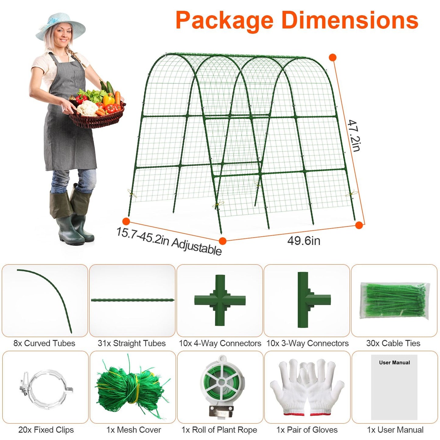 Large U-Shaped Garden Arch Trellis for Climbing Plants - Adjustable 15-45" Width, Metal Cucumber Trellis with Netting