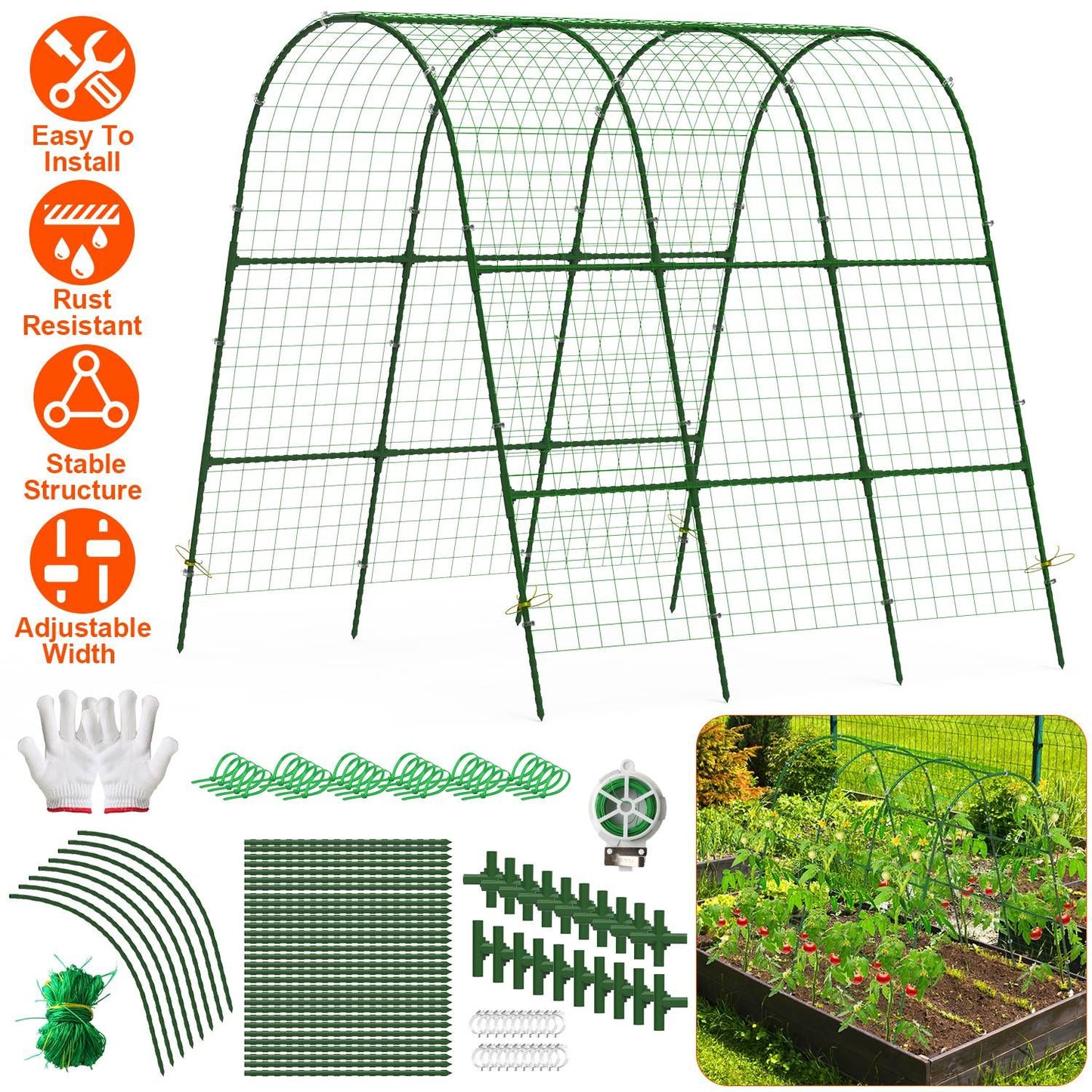 Large U-Shaped Garden Arch Trellis for Climbing Plants - Adjustable 15-45" Width, Metal Cucumber Trellis with Netting