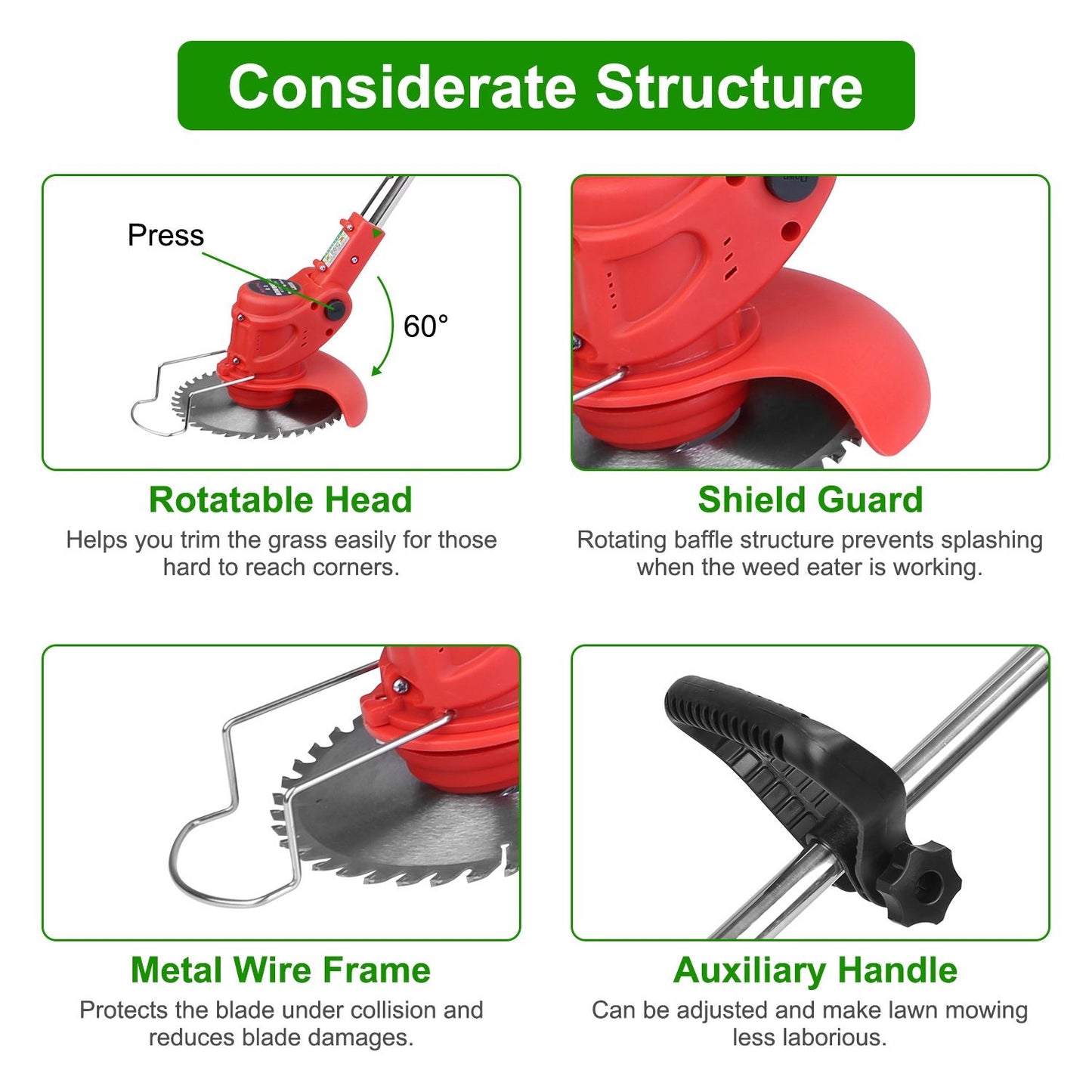 Cordless Weed Eater with 2 Batteries, 8000 RPM Electric Grass Trimmer & Edger