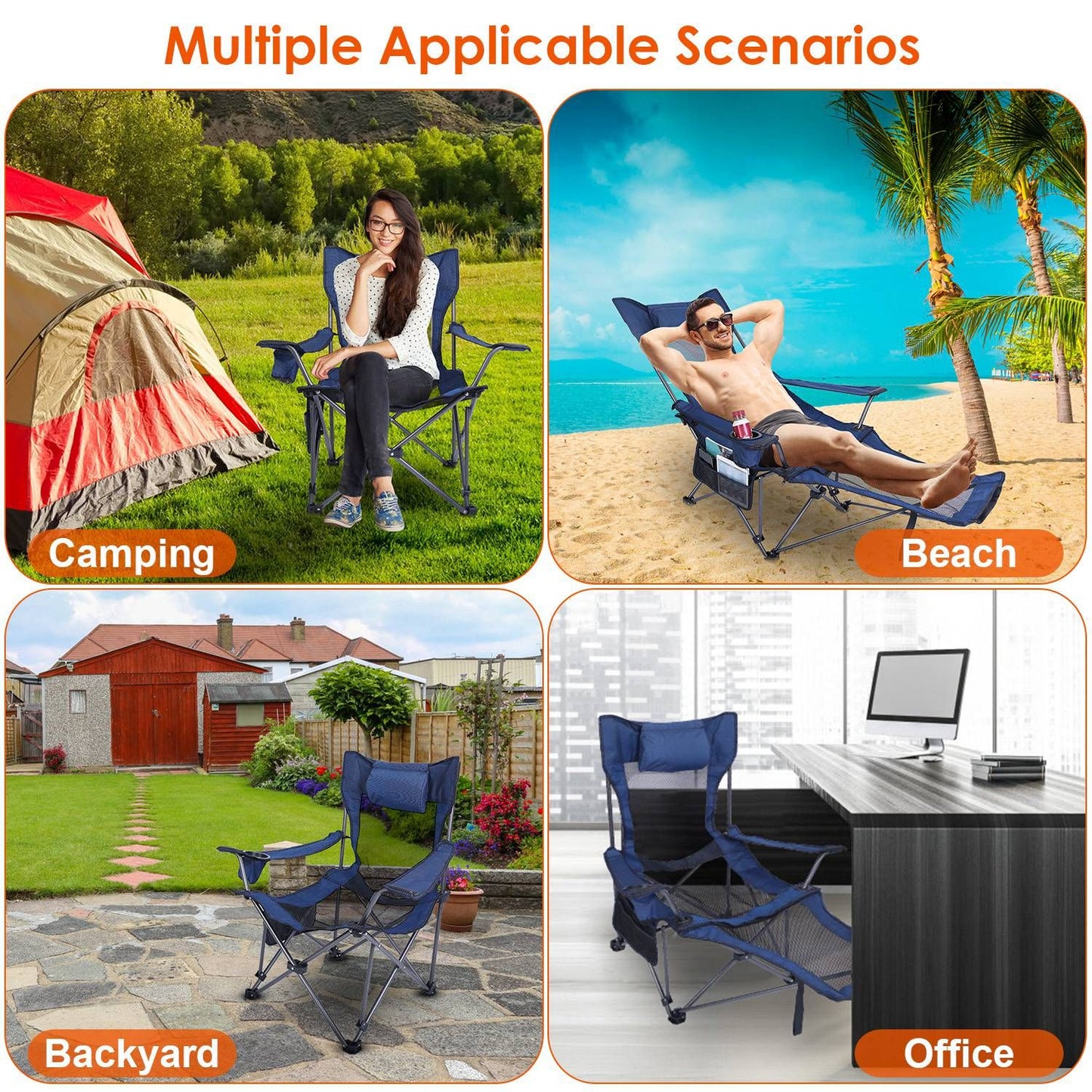 Foldable Camping Chair 330LBS Heavy Duty Steel Reclining Lawn Chair w/ Cup Holder & Carry Bag