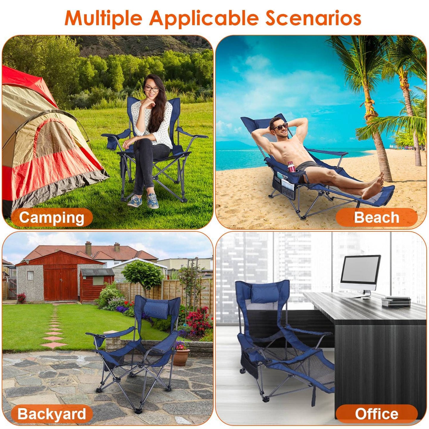 Foldable Camping Chair 330LBS Heavy Duty Steel Reclining Lawn Chair w/ Cup Holder & Carry Bag
