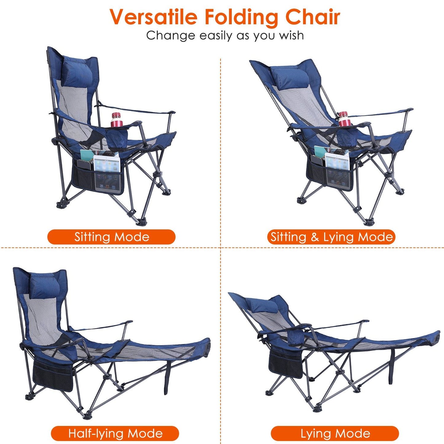 Foldable Camping Chair 330LBS Heavy Duty Steel Reclining Lawn Chair w/ Cup Holder & Carry Bag