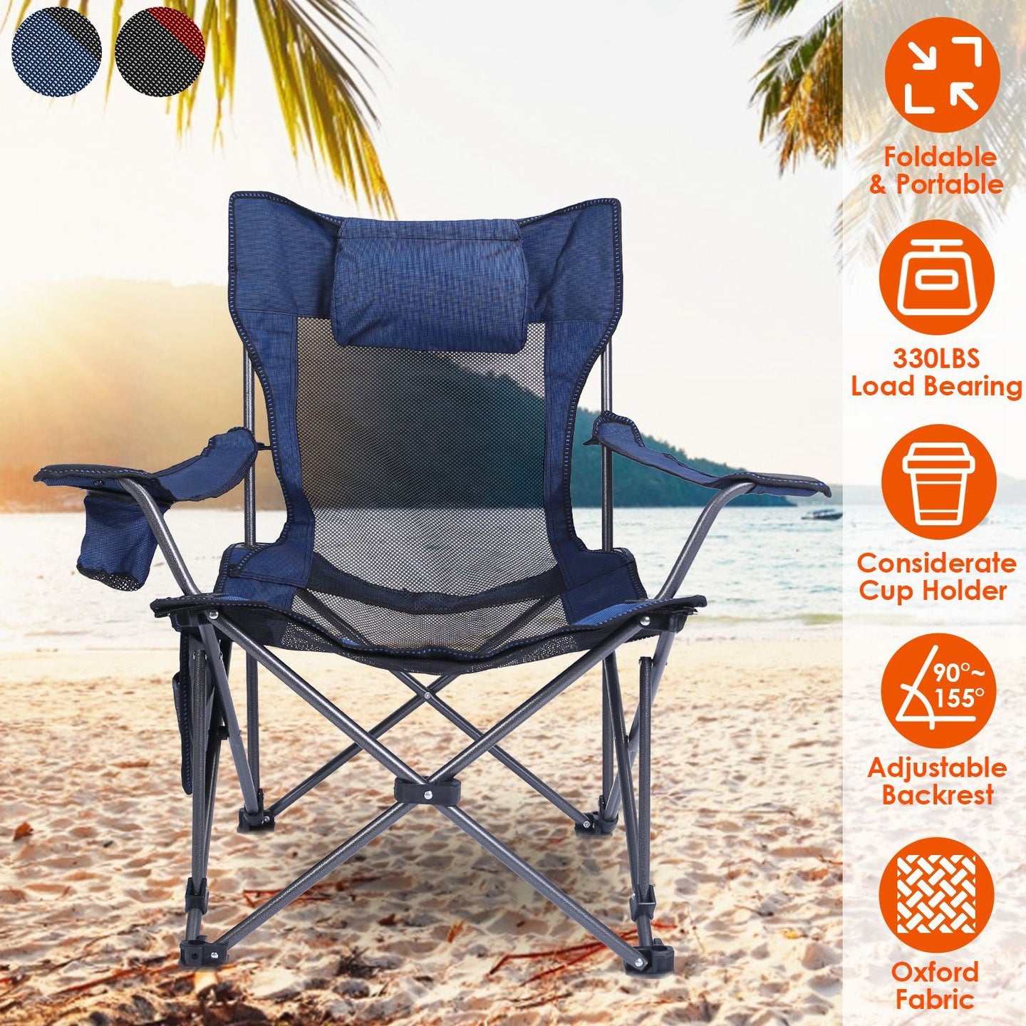 Foldable Camping Chair 330LBS Heavy Duty Steel Reclining Lawn Chair w/ Cup Holder & Carry Bag