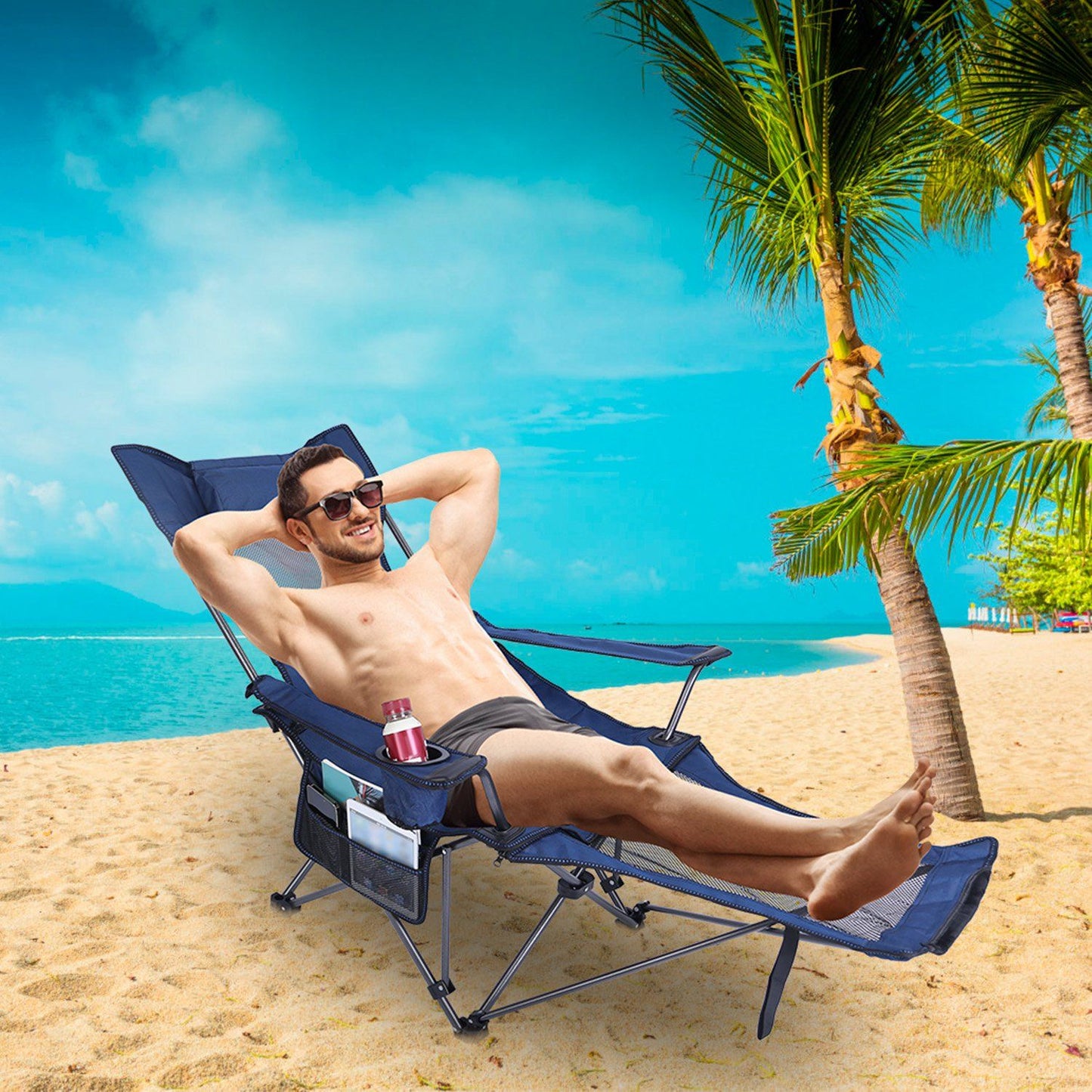 Foldable Camping Chair 330LBS Heavy Duty Steel Reclining Lawn Chair w/ Cup Holder & Carry Bag