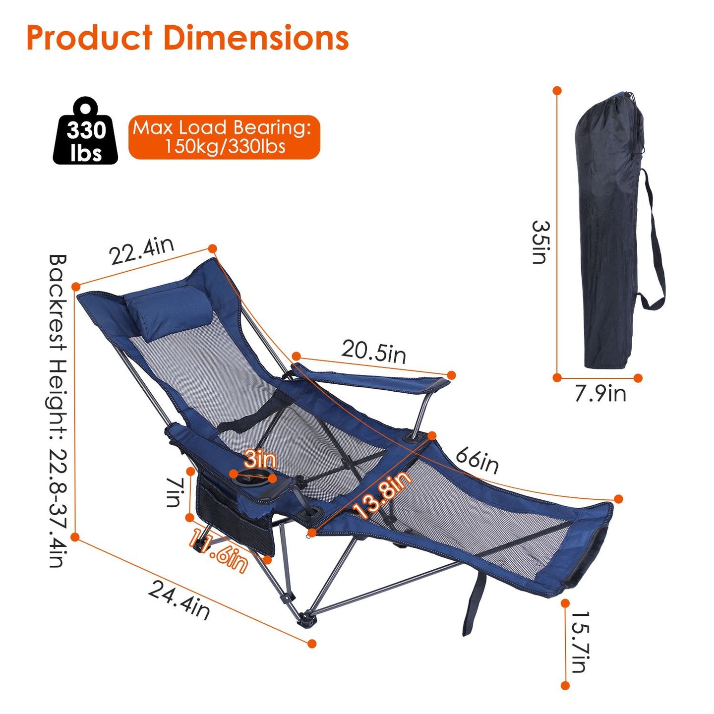 Foldable Camping Chair 330LBS Heavy Duty Steel Reclining Lawn Chair w/ Cup Holder & Carry Bag