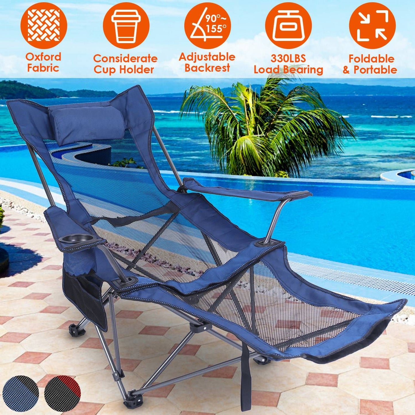 Foldable Camping Chair 330LBS Heavy Duty Steel Reclining Lawn Chair w/ Cup Holder & Carry Bag