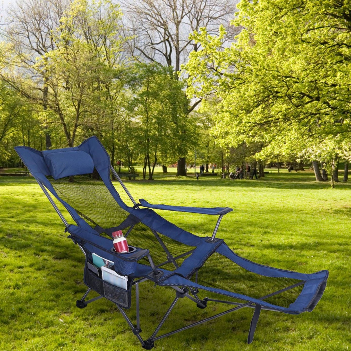 Foldable Camping Chair 330LBS Heavy Duty Steel Reclining Lawn Chair w/ Cup Holder & Carry Bag