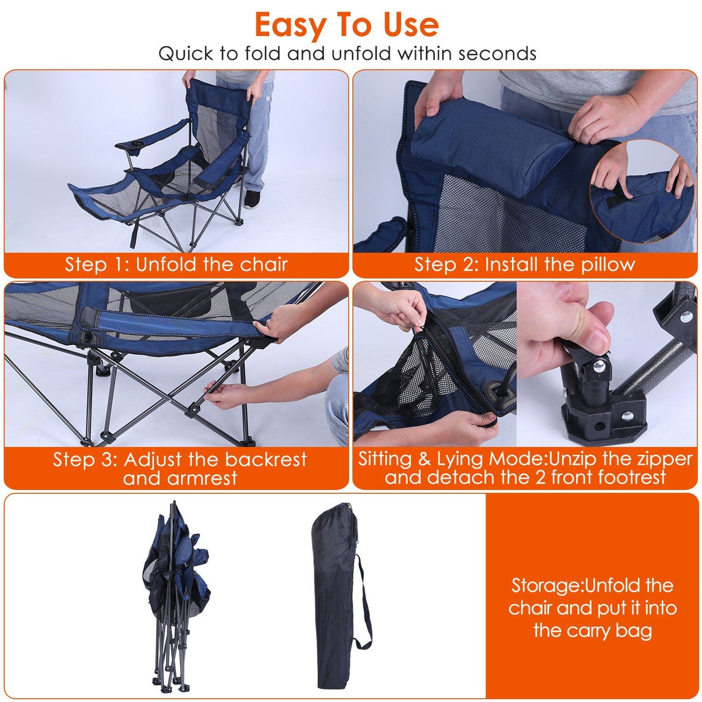 Foldable Camping Chair 330LBS Heavy Duty Steel Reclining Lawn Chair w/ Cup Holder & Carry Bag