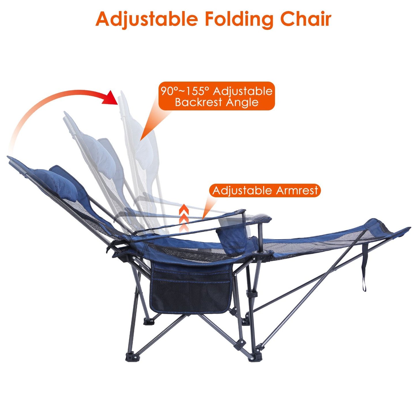 Foldable Camping Chair 330LBS Heavy Duty Steel Reclining Lawn Chair w/ Cup Holder & Carry Bag