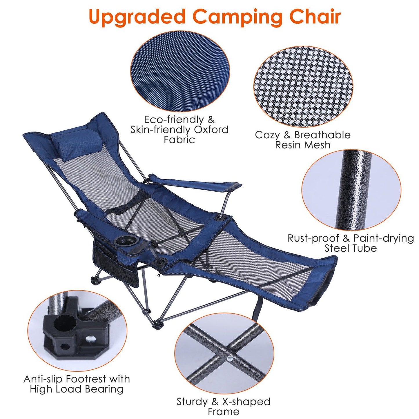 Foldable Camping Chair 330LBS Heavy Duty Steel Reclining Lawn Chair w/ Cup Holder & Carry Bag
