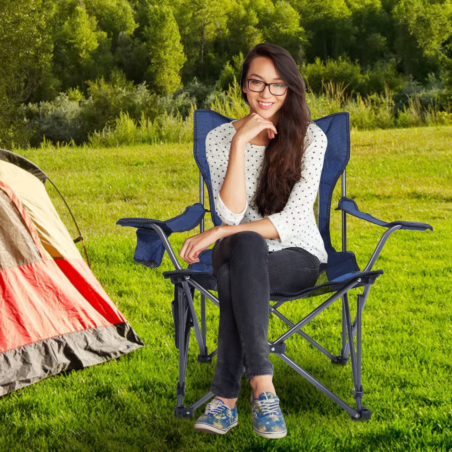 Foldable Camping Chair 330LBS Heavy Duty Steel Reclining Lawn Chair w/ Cup Holder & Carry Bag