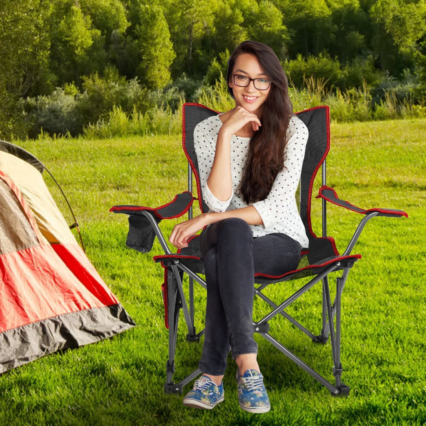 Foldable Camping Chair 330LBS Heavy Duty Steel Reclining Lawn Chair w/ Cup Holder & Carry Bag