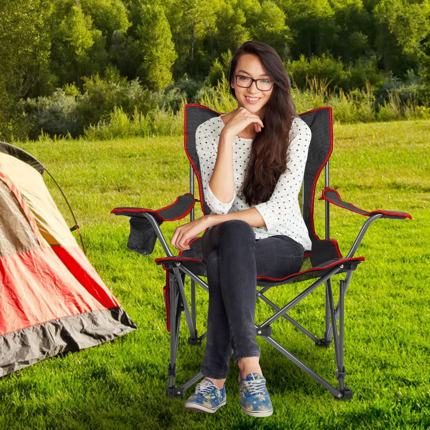 Foldable Camping Chair 330LBS Heavy Duty Steel Reclining Lawn Chair w/ Cup Holder & Carry Bag