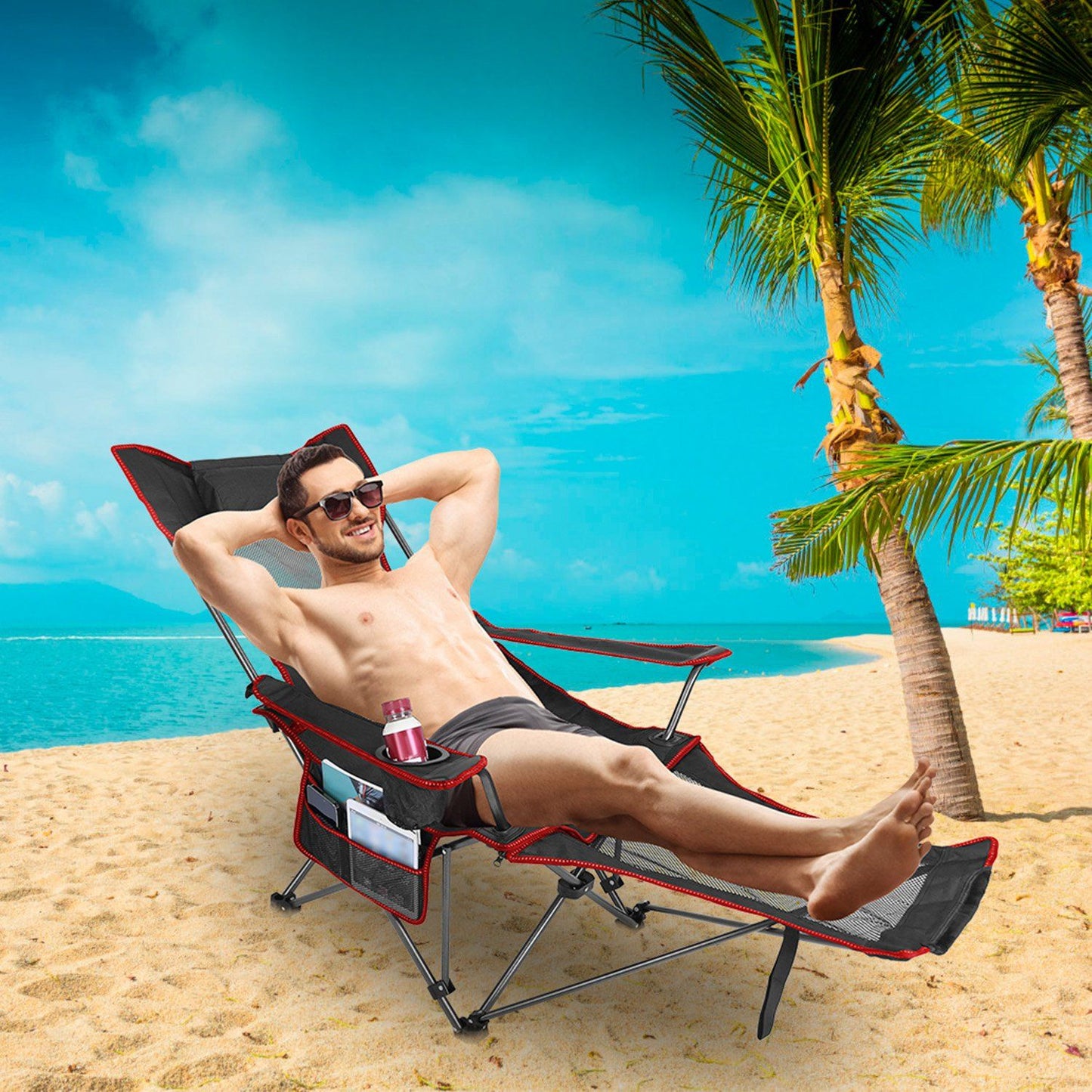 Foldable Camping Chair 330LBS Heavy Duty Steel Reclining Lawn Chair w/ Cup Holder & Carry Bag