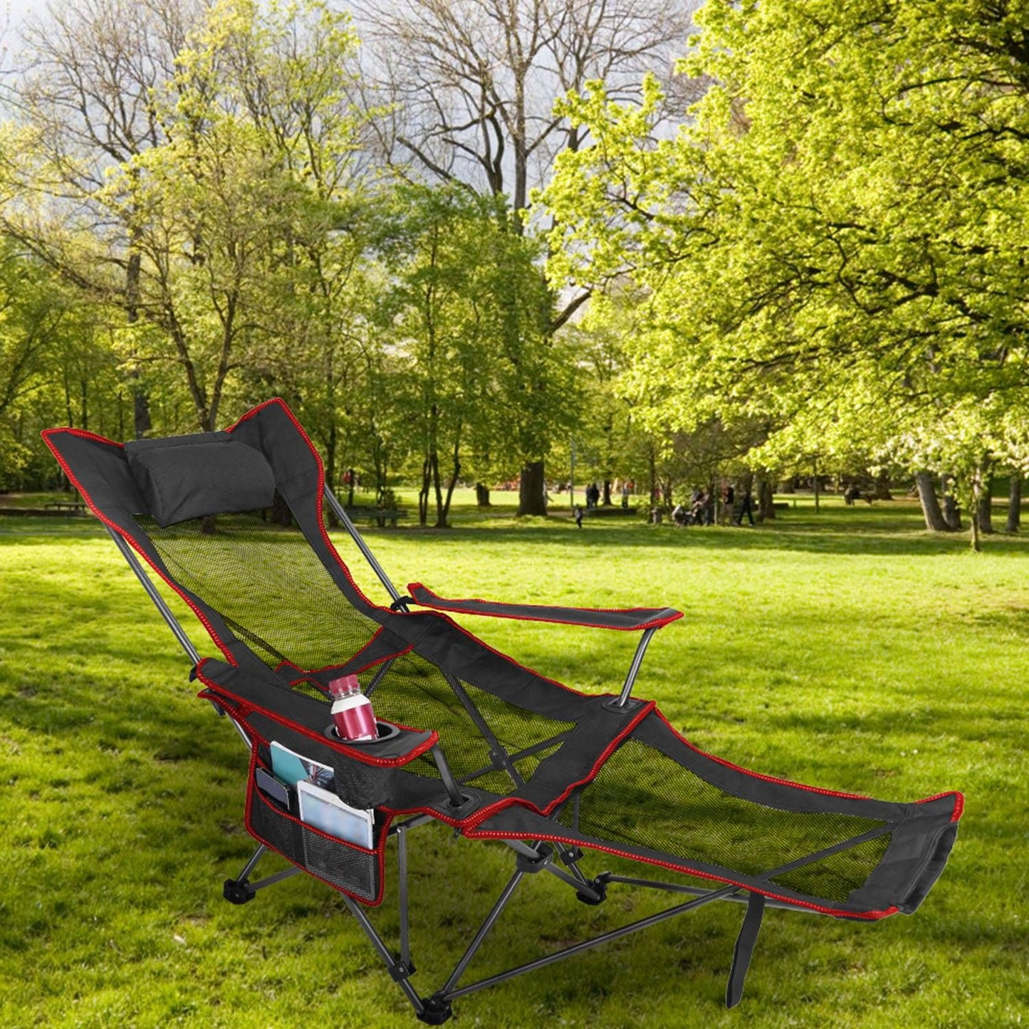 Foldable Camping Chair 330LBS Heavy Duty Steel Reclining Lawn Chair w/ Cup Holder & Carry Bag