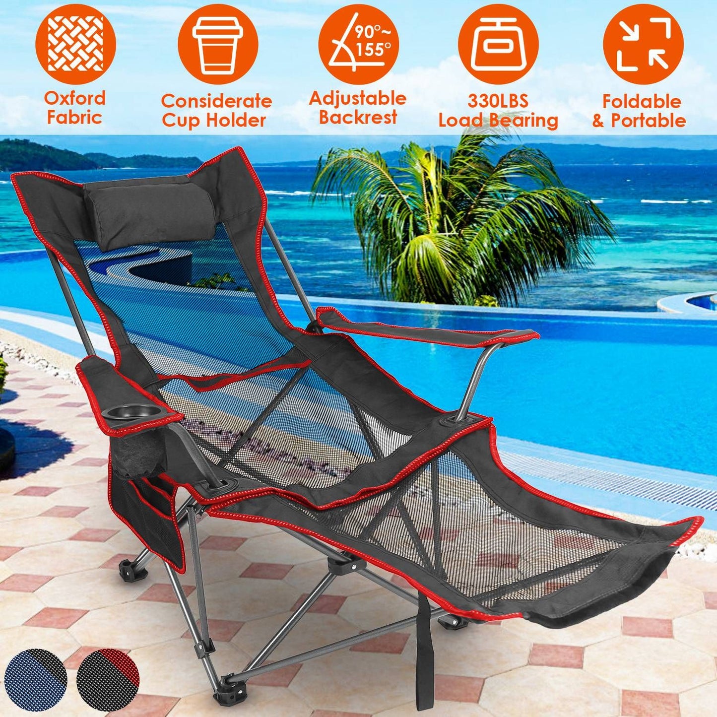 Foldable Camping Chair 330LBS Heavy Duty Steel Reclining Lawn Chair w/ Cup Holder & Carry Bag
