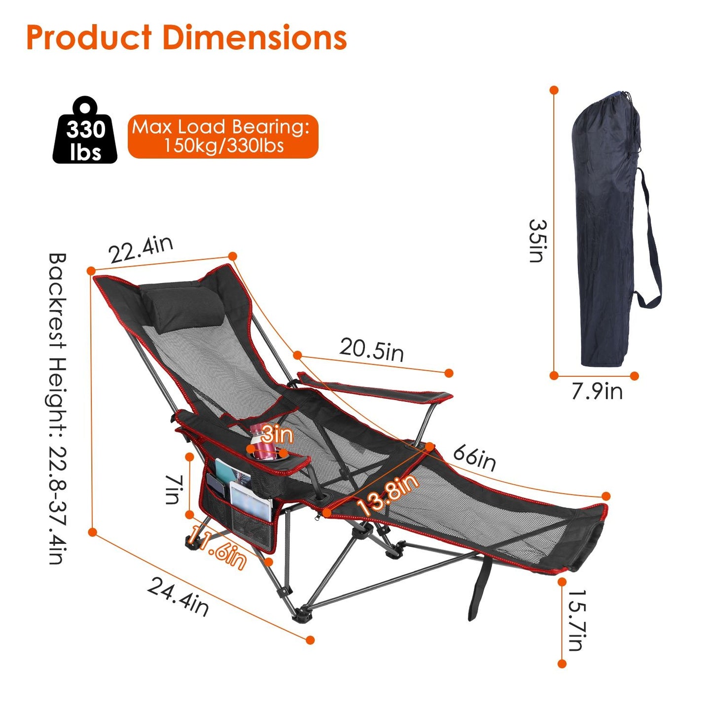Foldable Camping Chair 330LBS Heavy Duty Steel Reclining Lawn Chair w/ Cup Holder & Carry Bag